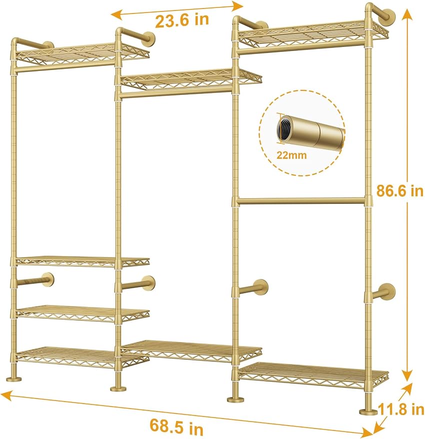 ULIFHOME M6 Clothes Rack for Wall Mounted, Heavy Duty Closet Wardrobe System with 8 Shelves and 4 Hanger Rods, 68.5" W x 11.8" D x 86.6" H Clothing Storage Organizer for Holding 1064lbs, Gold