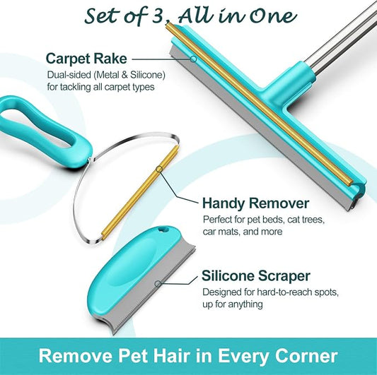 Carpet Rake for Pet Hair Removal (3 Pack), Fur Remover Broom, Long Handle | Remove Stubborn Pet Hair, Multi-Fabric Safe, Stainless Steel Handle, for Couch, Carpets, Cat Trees, Mats, Furniture, Pet Bed