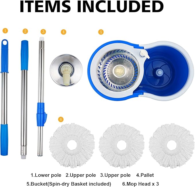 Spin Mop Bucket 360° with Wringer Set, Stainless Steel Mop System, 3 Absorbent Microfiber Mop Head Eefills, for Household Kitchen Floor Cleaning