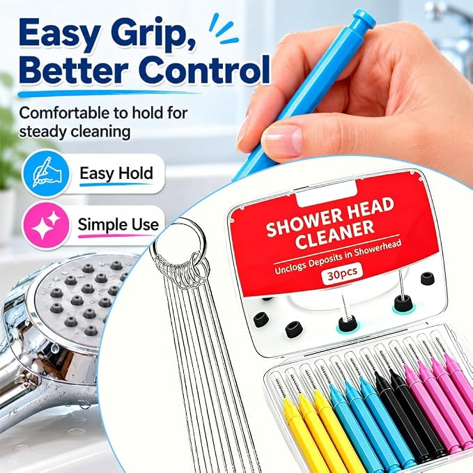 Shower Head Cleaner Tool Set, Multi-Size Shower Head Cleaning Brush for Unclogging Small Nozzles Shower Head Cleaner Picks Crevice Cleaning Tools for All Bathroom/Kitchen Shower Heads (30pcs Set)