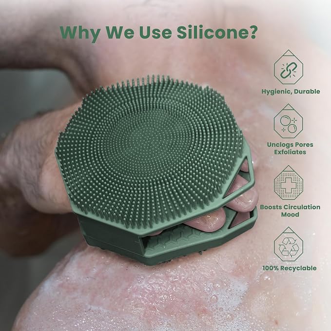 iTokGok® Premium 2-in-1 Silver-Infused Silicone Body Scrubber for Men, Double-Sided Design Body Brush Silicone Body Scrubber Exfoliating Body Brushes for All Skin, Lathers Well - Midnight Green