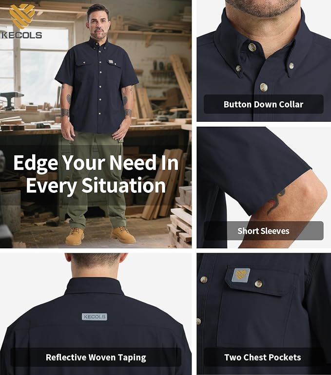 Mens Regular Fit Work Utility Shirt Midweight Short Sleeve Work Wear | Midweight stretch work shirt with reflective trim, 2 secure chest pockets, moisture-wicking comfort, easy-care fabric