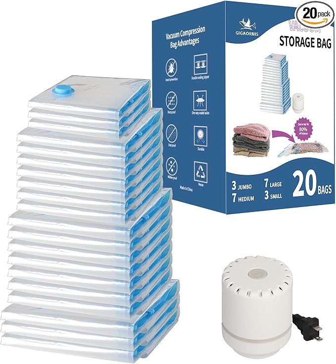 Vacuum Storage Bags 20 Pack Electric Pump, 80% Space Saver Vacuum Seal bags | Plastic Vacuum Sealer Compression Bag, Space Saving Reusable for Clothing Travel, Move, Clothes, Blanket, Comforter, Sweaters