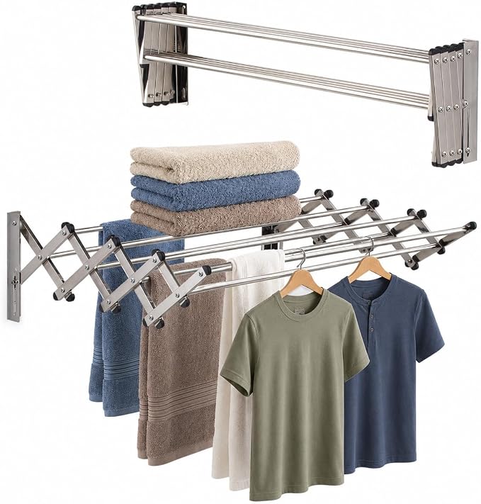 Smartsome Wall Mounted Clothes Drying Rack | Adjustable to Fit Your Space | 20 Linear Feet Drying Capacity | 8 Stainless Steel Rods | 60 lb Capacity | Fully Assembled | Compact Space-Saving Design