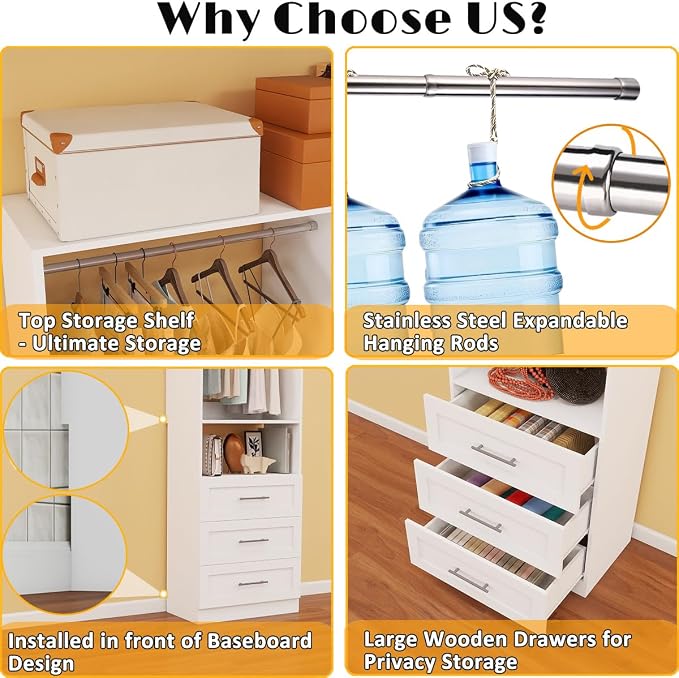 Closet System with with 6 Drawers, 6FT-15FT Closet Organizer Storage Systems with 7 Hanging Rods, Walk-in Closet Corner Closet System Modular Closet System White 3 Sets (6FT)