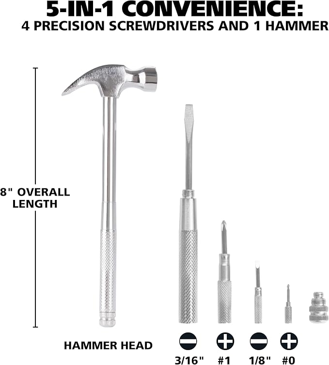 GreatNeck 5-in-1 Hammer, Built in Multitool Screwdriver, Chrome Plated | Includes Four Screwdrivers and One Hammer, Rust Resistant, Great for Household Projects, Lightweight and Easy to Use