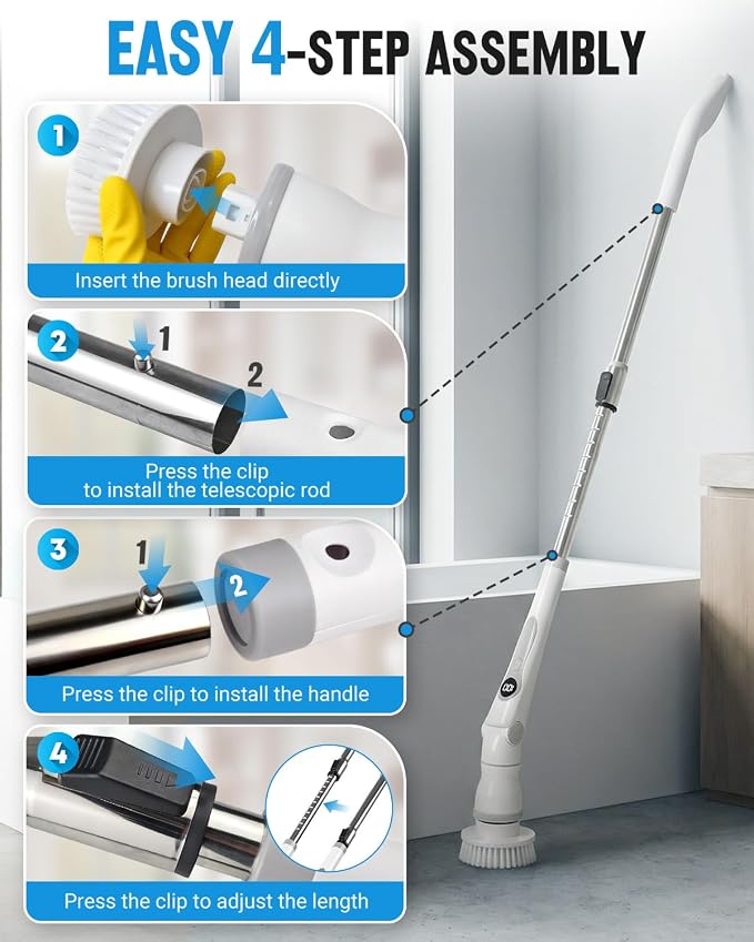 Electric Spin Scrubber, Cordless Shower Scrubber with 8 Replaceable Brush Heads, Adjustable Long Handle Bathroom Scrubber, 3 Speeds LED Display, IPX7 Waterproof Cleaning Brush for Bathtub Tile Floor