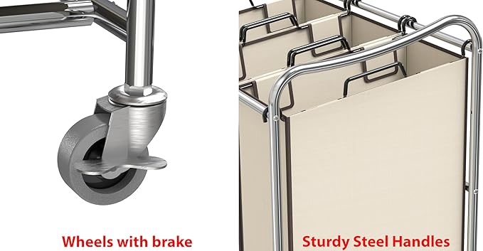 Simple Houseware Heavy Duty 3-Bag Laundry Sorter Rolling Cart, Chrome | Removable Bags and Lockable Wheels for Laundry Room Organization