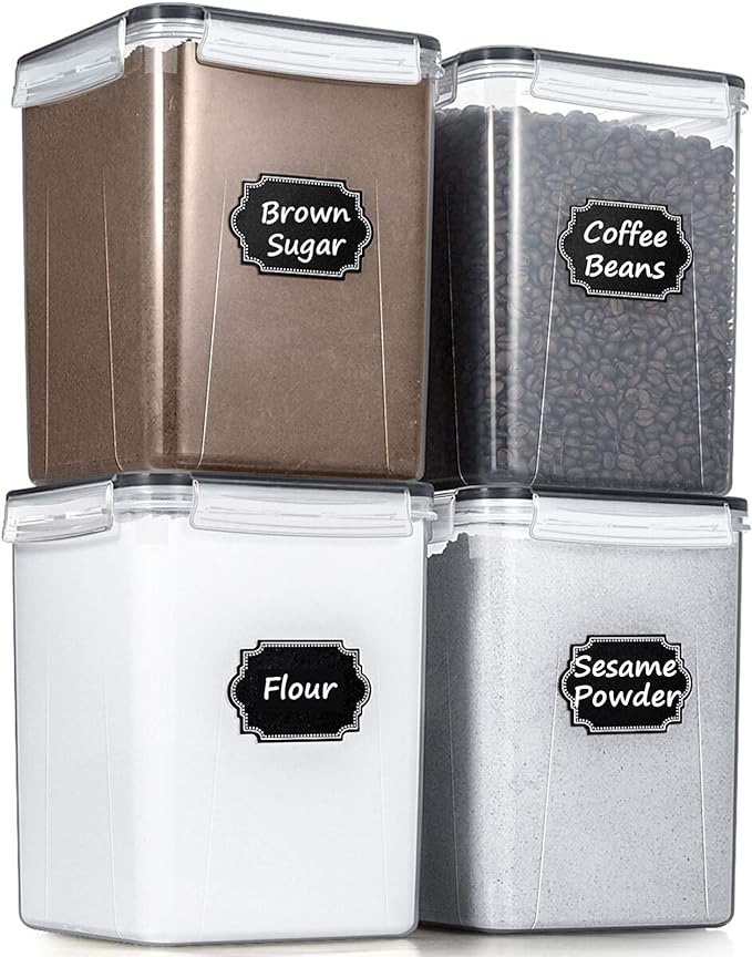 Wildone Large Food Storage Containers 5.2L /175oz, 4 Piece BPA Free Plastic Airtight Food Storage Containers for Flour, Sugar, Baking Supplies, Kitchen & Pantry Containers with 20 Labels