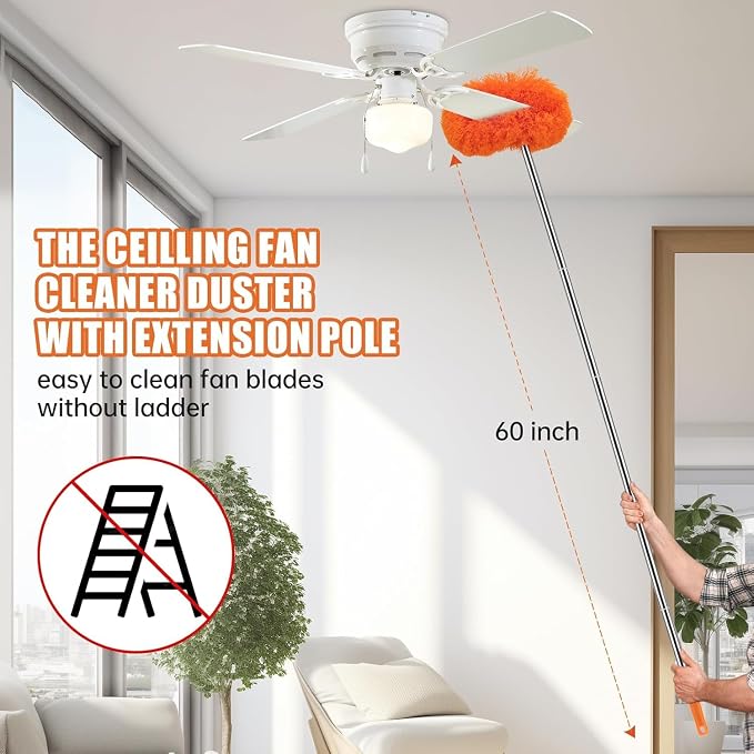 CALBEAU Ceiling Fan Cleaner Duster Kit with 60" Extension Pole, 14 PCS | 14"-60" Adjustable Pole; Ceiling Fan Duster, Cobweb Brush; High Fans, Webs, Blinds; Storage Bag