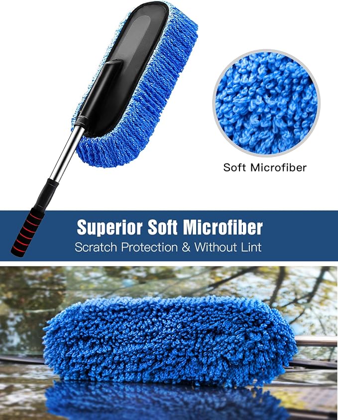 YeewayVeh Car Duster, Scratch-Free Microfiber Cleaning Brush, Blue | Extendable Handle Pollen & Dust Remover for Truck, SUV, Vehicles & Home Cleaning