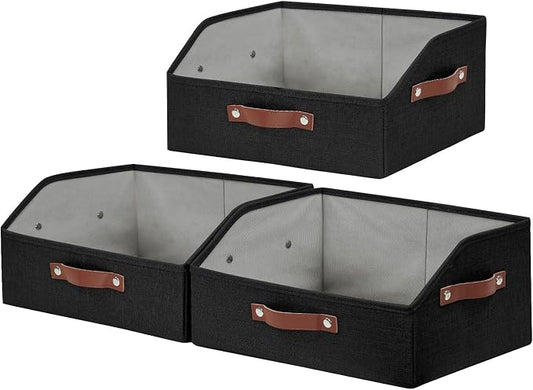 Bagnizer Closet Organizers and Storage, Linen Trapezoid Storage Bins with Handles, Collapsible Shelf Organizer for Blanket, Towel, Clothes, Hats, Purse (Black)