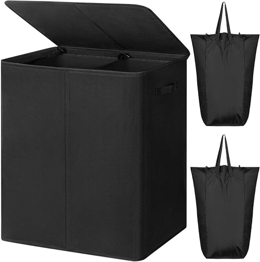 WOWLIVE 154L Double Laundry Hamper 2 Section with Lid and Removable Bags | Divided Laundry Basket, Large Dirty Clothes Hamper with Handle, Collapsible Laundry Storage for Dorm Room, College, Black