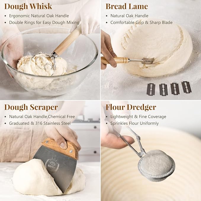 BAVIFY Sourdough Starter Kit, Banneton Bread Proofing Baskets Set, Sourdough Bread Baking Supplies Making Tools with Dough Scraper, Whisk, Bread Lame, Recipe, 1 Round 1 Oval 1 Jar Gift Set
