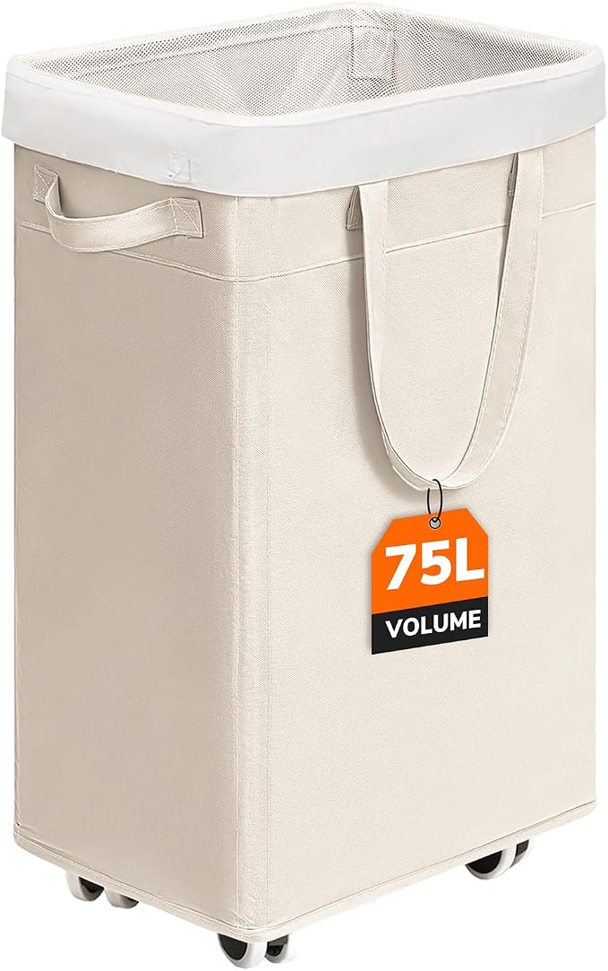 CHICVITA 75L Slim Collapsible Laundry Basket with Wheels & Wash Bag, Ivory | Removable wash bag, slim design for bedroom, laundry room, college dorm. Rolling clothes hamper for dirty laundry