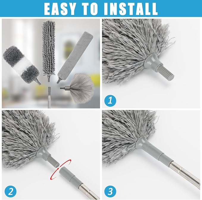 Microfiber Duster Kit 36pcs with 30 to 100 in Extension Pole and Ceiling Fan Cleaner Duster, Washable and Bendable Feather Duster for Cleaning Ceiling Fans, High Ceilings, Blinds, Grey