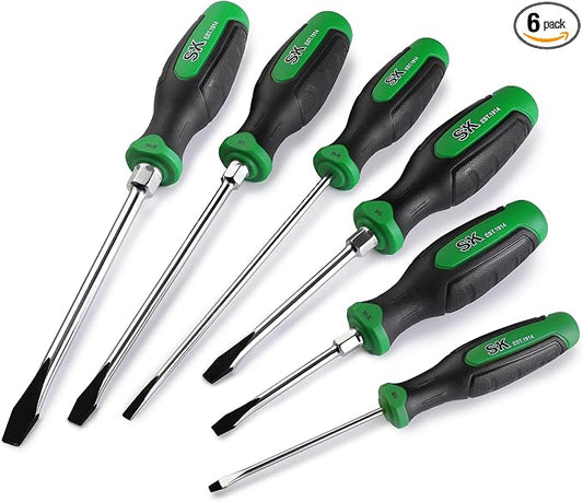 SK 6-Piece Slotted Screwdriver Set, Magnetic Screwdriver Set, S2 Steel | Heat-Treated Chrome Plating Shaft, Black Oxide Tip, SureGrip Handle