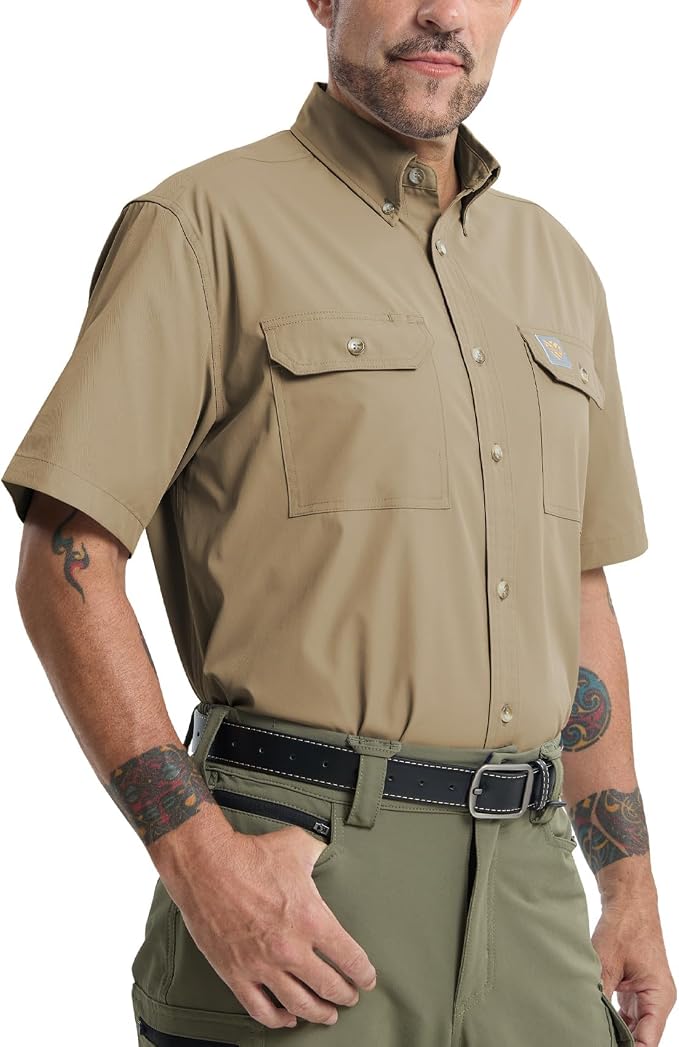 Mens Regular Fit Work Utility Shirt Midweight Short Sleeve Work Wear | Midweight stretch work shirt with reflective trim, 2 secure chest pockets, moisture-wicking comfort, easy-care fabric