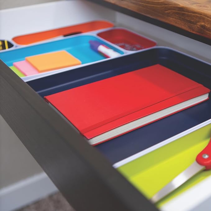 Three by Three Seattle Metal Drawer Organizer Tray Set, 6-Pc, 1" (Assorted) | Colorful food-safe metal bins; soft non-scratch base; kitchen, bathroom, vanity, desk, makeup & office drawers