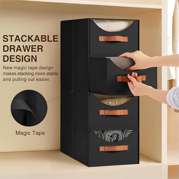 Homsorout Stackable Storage Drawers - Collapsible Storage Bins with Drawers, 6 Pack Small Closet Organizer Bins, Fabric Pull Out Organizer for Bedroom, Living Room, Dorm, Black