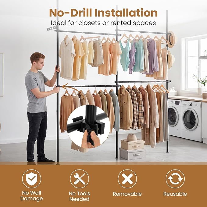 Giantex Floor to Ceiling Clothes Rack, Heavy Duty DIY Garment Rack 4 Rods | Tension Pole Closet System w/ Folding Drying Rack, Reacher Pole, Metal Garment Organizer for Bedroom, Laundry Room, Closet