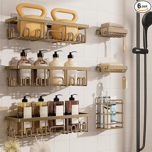 Veken Shower Caddy 6-Pack, No Drilling & Rustproof, Waterproof Adhesive Shelves Rack with Soap Holder, Large Capacity Bathroom Organizers and Storage, Wall-Mounted Kitchen & Home Decor, Matte Gold