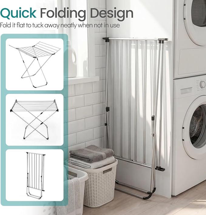 GOFLAME Clothes Drying Rack, Laundry Drying Rack with 2 Foldable Wings, 14 Drying Rods, Free-Standing Collapsible Laundry Airer for Clothes, Towels, Bed Linens, Indoor Outdoor Use, No Assembly Needed