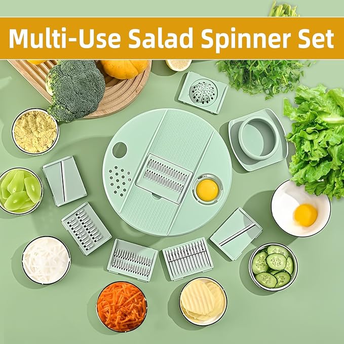 Large Capacity Multi-Function Salad Spinner with Quick Stop Button, Salad Spinner Stainless Steel, Salad Spinner Large, with 5 Blade Slicer Egg Yolk Strainer Shredder (Green)