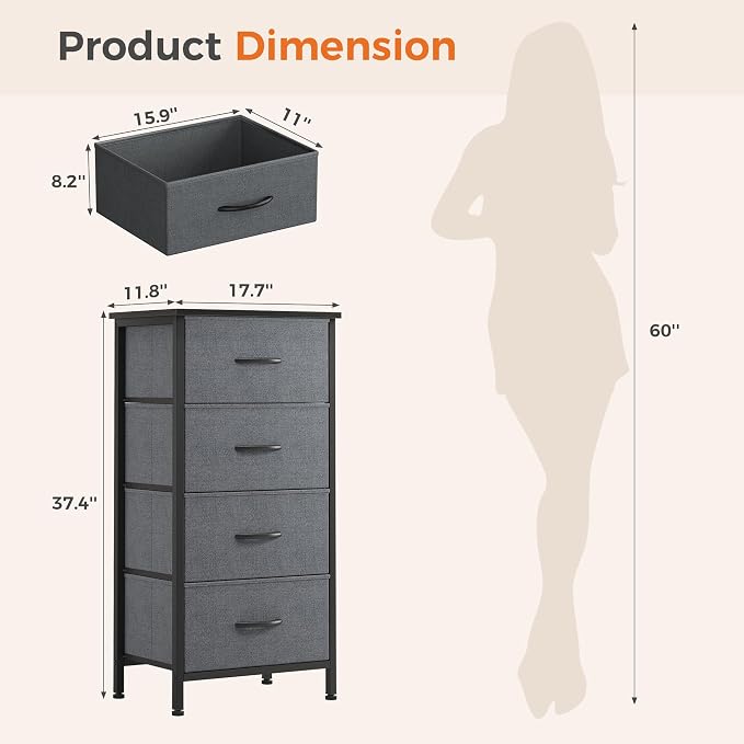 Sweetcrispy Dresser for Bedroom, 4 Drawer Storage Cabinet, Tall Nightstand | Small Fabric Dresser for Closet, Chest of Drawers, Closet Organizer, Home Furniture, Dorm, Sturdy Frame, Gray