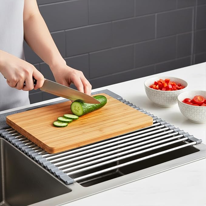 Roll Up Dish Drying Rack Over Sink, 17.5" x 15.2" Foldable SUS304 Stainless Steel Kitchen Dish Drainer, Heat-Resistant Multipurpose Rolling Sink Rack Organizer,Grey