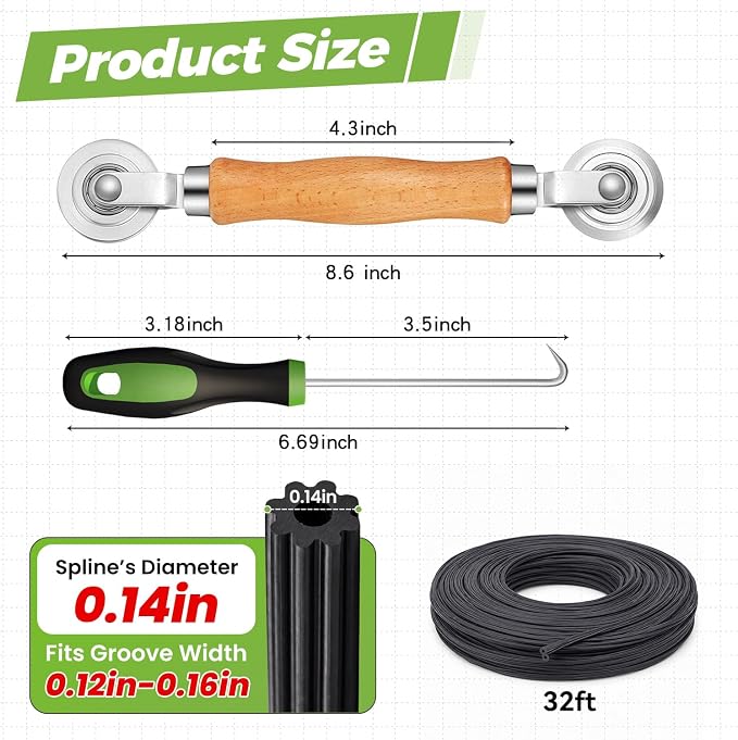 King&Charles Screen Repair Kit,Roller+0.14”x32ft Spline+Hook | 3in1-Bearing Steel Screen Roller Tool+Hook for Old Spline Removal+Hollow-Core Spline for Window Screens,Doors,Patio,RV Mesh