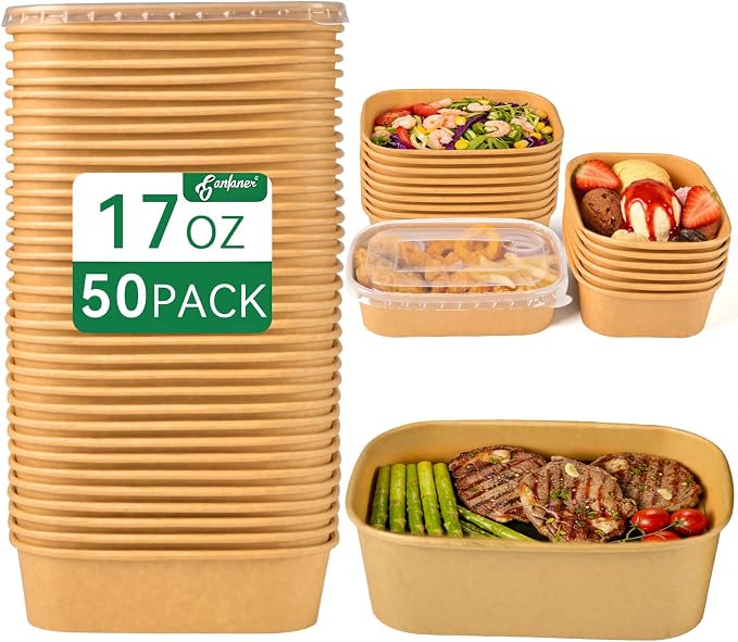 17oz Disposable Food Meal Prep Container with Lids, 50 Sets Paper Acai Bowls Compostable for Soup Noodles Microwave Safe, Leak-Proof Salad Bowl for Lunch Party Home School Take Out