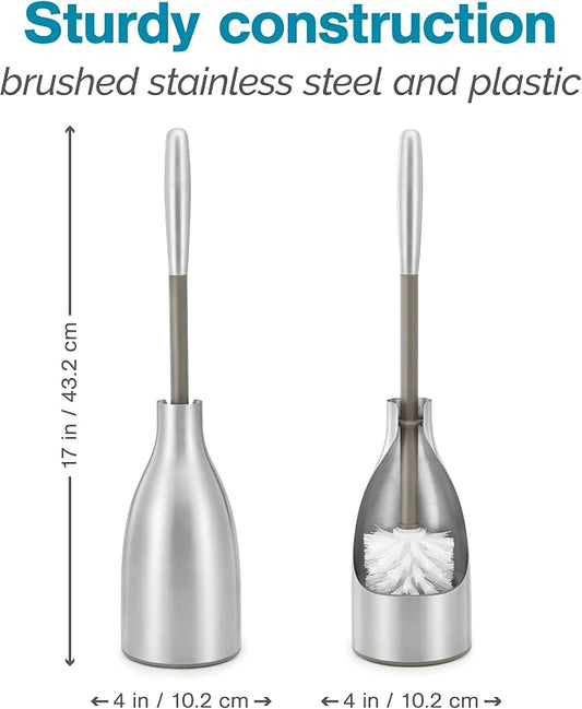 Polder Sleek Stainless Steel Toilet Brush with Caddy, Slim and Discreet Design, Open-Back Design for Odor Control, Rust-Resistant Stainless Steel