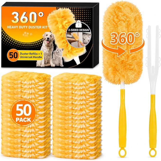 Duster Refills for Swiffer, 50 Pack & 1 Handle, Disposable | 360° Heavy Duty Microfiber | 4X More Fibers | Cleans Blinds, Ceiling Fans & Pet Hair | Fits Most Handles | Multi-Surface
