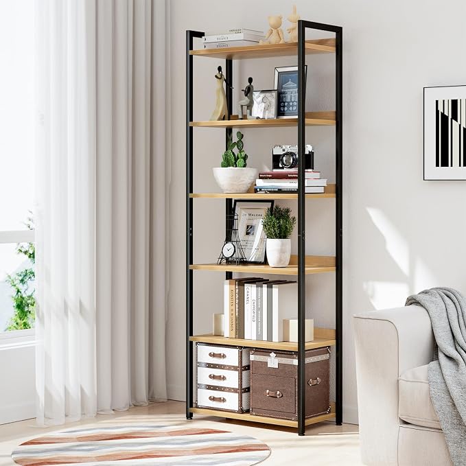 NUMENN Bookshelf, 6 Tier Freestanding Shelving Unit, Natural | Metal Frame & Wood Shelves, Falling Prevention Baffle, Open Storage Bookcase for Bedroom, Living Room & Home Office
