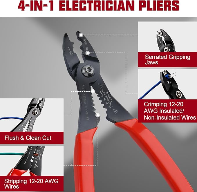 4-in-1 Multi Purpose Electricians Pliers with Wire Cutter, Crimper, Gripper, Stripper| Compact Wire Stripper Terminals Kit| Crimping Tool for 12-20AWG Insulated & Non-Insulated Wires