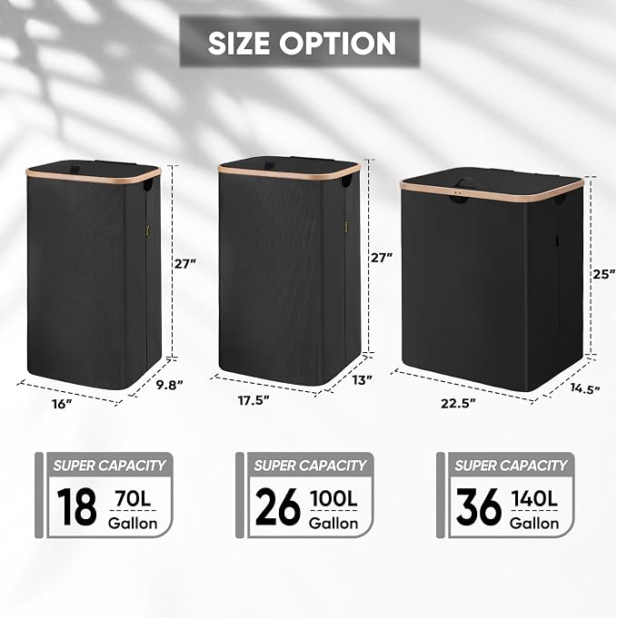 BALEINE Laundry Hamper with Lid, Tall Laundry Baskets with Bamboo Pull Handles, Large Laundry Bin with Internal Support (26Gal/100L, Carbon Black)