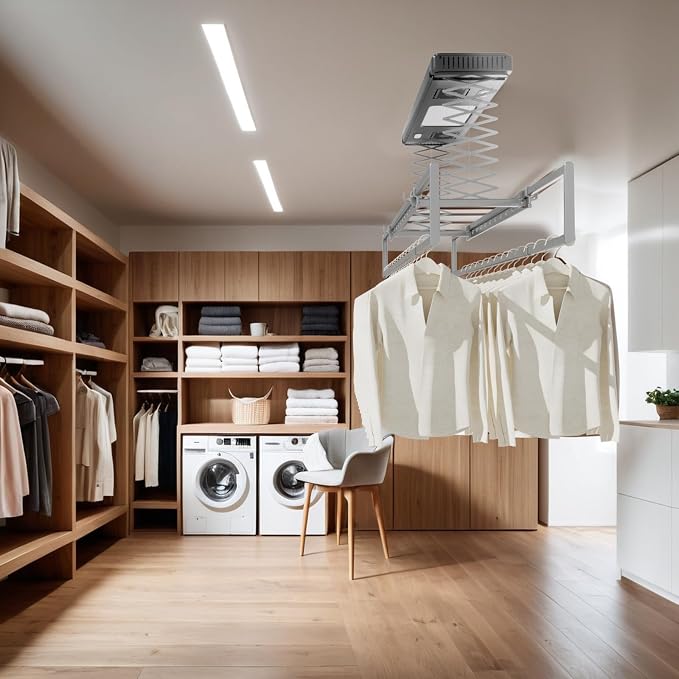 Electric Ceiling Clothes Drying Rack,with Drying/Remote 110V-120V | Light 24W,Ceiling Clothesline with Built-in Timer Heater,for Laundrys/Indoors /Garage/Small Space