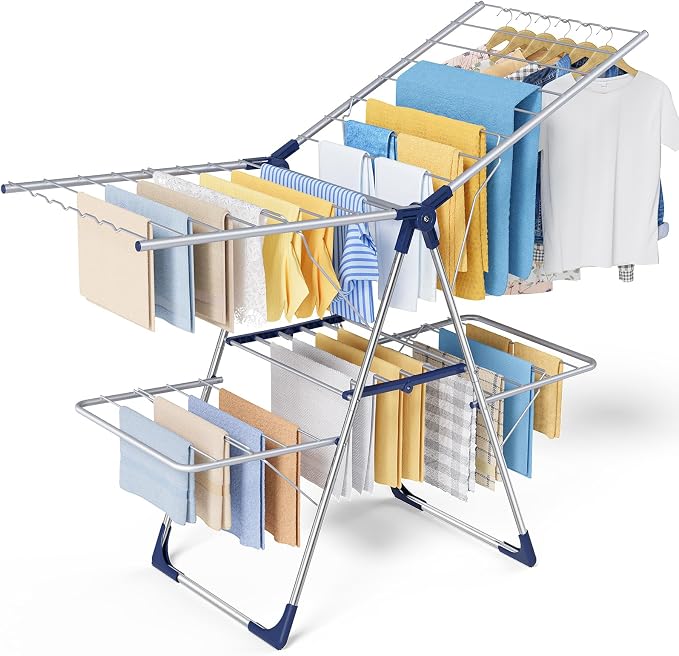Sakugi Clothes Drying Rack, Foldable 2-Level with 55.5" Adjustable Wings | Laundry Room, Bedroom, Indoor & Outdoor Use, Height Adjustable, Clothing & Bedding, 55.5" L × 22.8" W, Silver and Blue