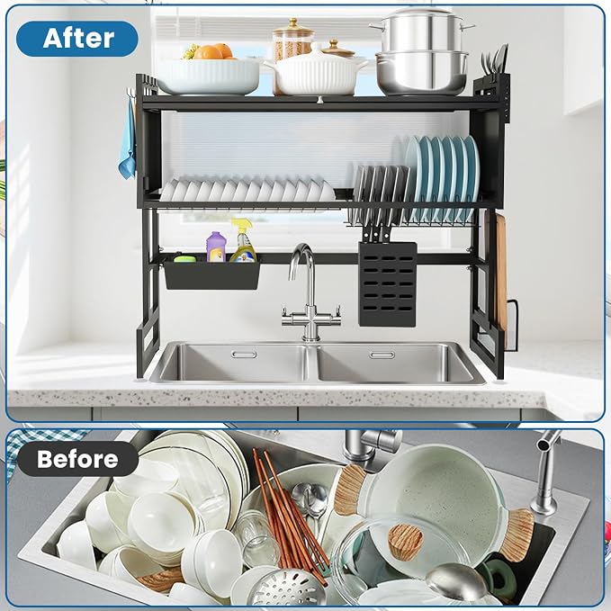 Over the Sink Dish Drying Rack – 3 Tier with Cover, Space-Saving Dish Drainer Organizer for Dishes, Glasses, Bowls & Cutlery, Tidy Kitchen Counter Storage Solution