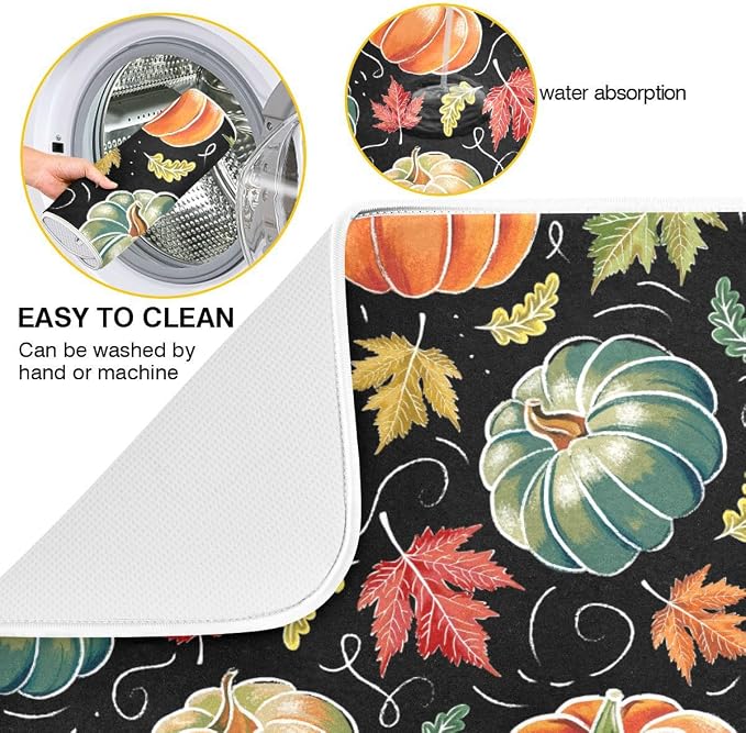 Fall Pumpkin Dish Drying Mat for Kitchen Maple Leaves Black Microfiber Drying Mats Absorbent Reversible Dish Pad Large Dish Draining Mat 18x24 inch