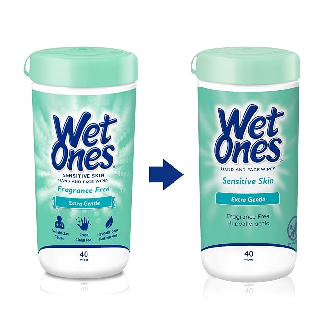 Wet Ones Hand and Face Wipes, Sensitive Skin, Unscented, Hand and Face, 40ct Canister, (Pack of 12)