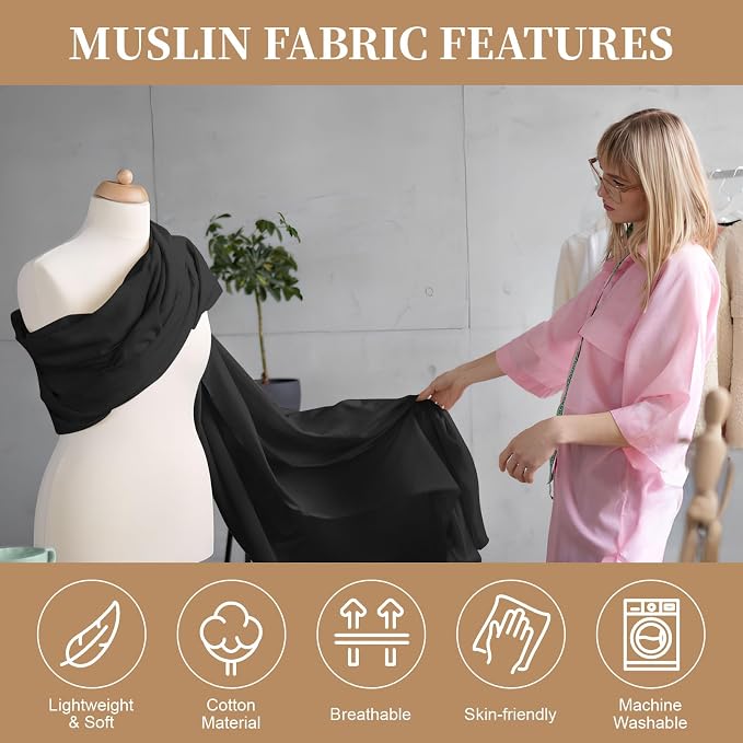 100% Cotton Muslin Fabric, 59 Inch X 10 Yards Black Fabric by The Yard | Medium Weight, Easy Care, Fabric for Sewing Embroidery , Garments, Crafts Material, Apparel Cloth