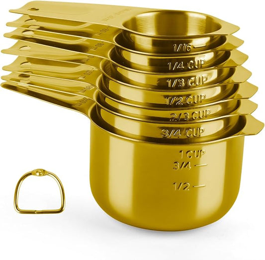 7 Pcs Gold Measuring Cups Stainless Steel, Nesting Metal Measuring Cups with Markings & Ring, Stackable Measure Cups Spoons Set for Cooking Baking Supplies, Kitchen Utensils for Dry Liquid Ingredients
