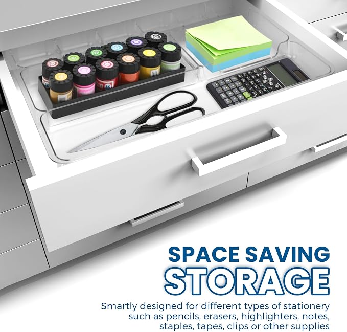 Manaloom Desk Drawer Organizer Tray with 9 Storage Compartments - For Home and Office - Drawer Organizers Office, Perfect Organizing Pens, Pencils, Paper Clips, Sticky Notes - Clear - 2 Pack
