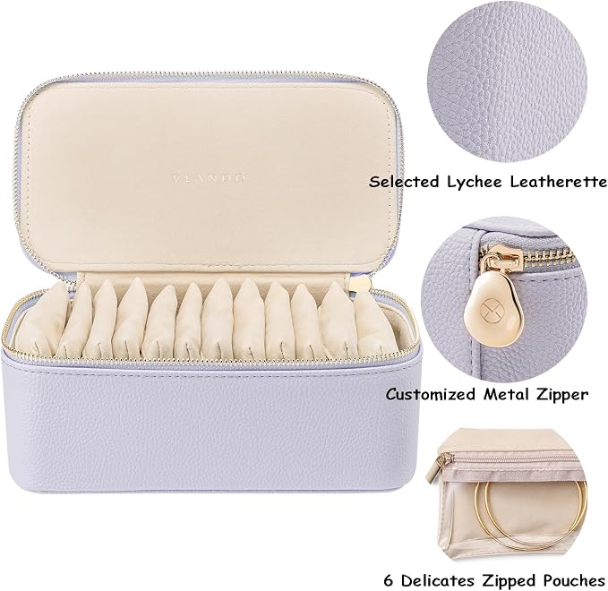 VLANDO Travel Jewelry Box Organizer – Portable PU Leather Jewelry Case with 6/8/12 Zippered Pouches, Compact Storage for Earrings Rings Necklaces Bracelets, Lilac Purple