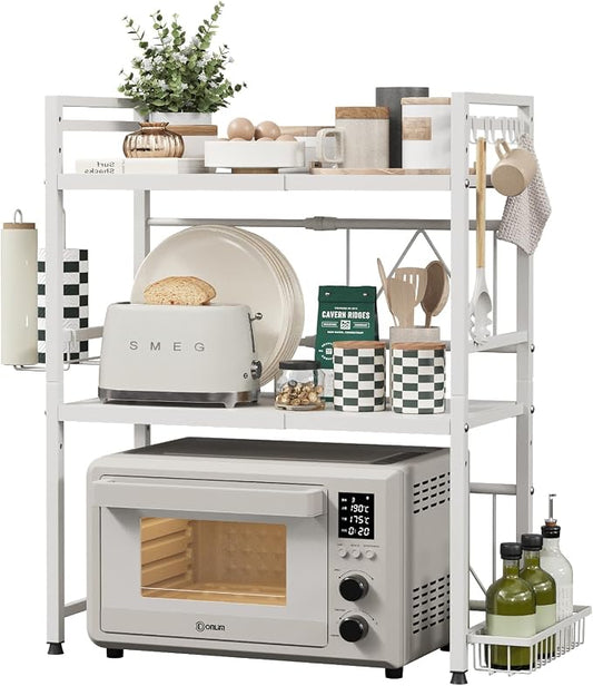 NETEL 3 Tier Expandable Microwave Stand countertop,Microwave Oven Rack | microwave shelf, storage shelf for pans &appliances,with Paper Towel Holder and Baskets，55 Lbs load Per Tier,White