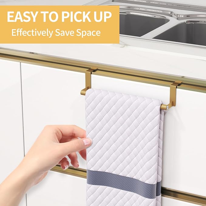 STWWO Over The Door Towel Rack, Kitchen Towel Holder Over Cabinet Door Towel Bar Stainless Steel for Cupboard for Kitchen Dish Towel Holder Hanger Rv Towel Rack, 2 Pack (Gold)