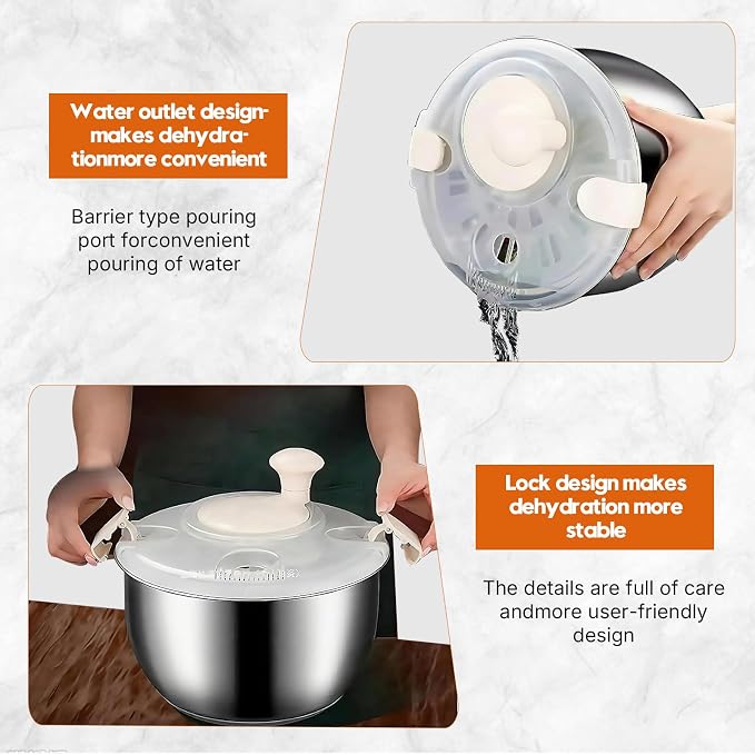 Stainless Steel Salad Spinner, 6L Salad Spinner, Lettuce Spinner, Fruit Washer, Quick Spin Salad Spinner for Householder Vegetables and Pasta Fries Small Salad Spinner Essential Kitchen Utensils