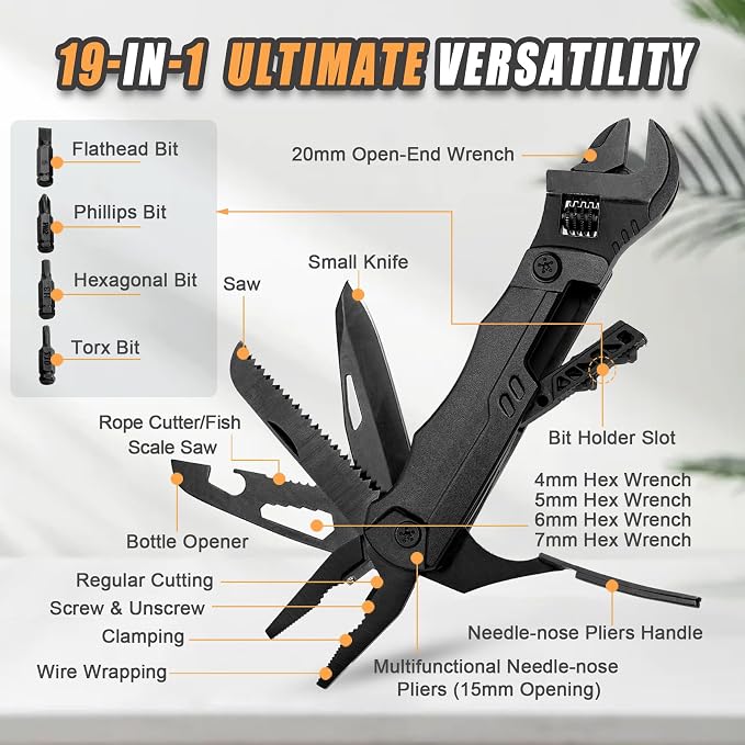 Multitool Wrench 19 In 1 Multipurpose Camping Gear Pocket Size Adjustable Wrench with Pliers, Wire Cutter, Cutting Saw, Bottle Opener for Maintenance, Camping and DIY,Gift for Him